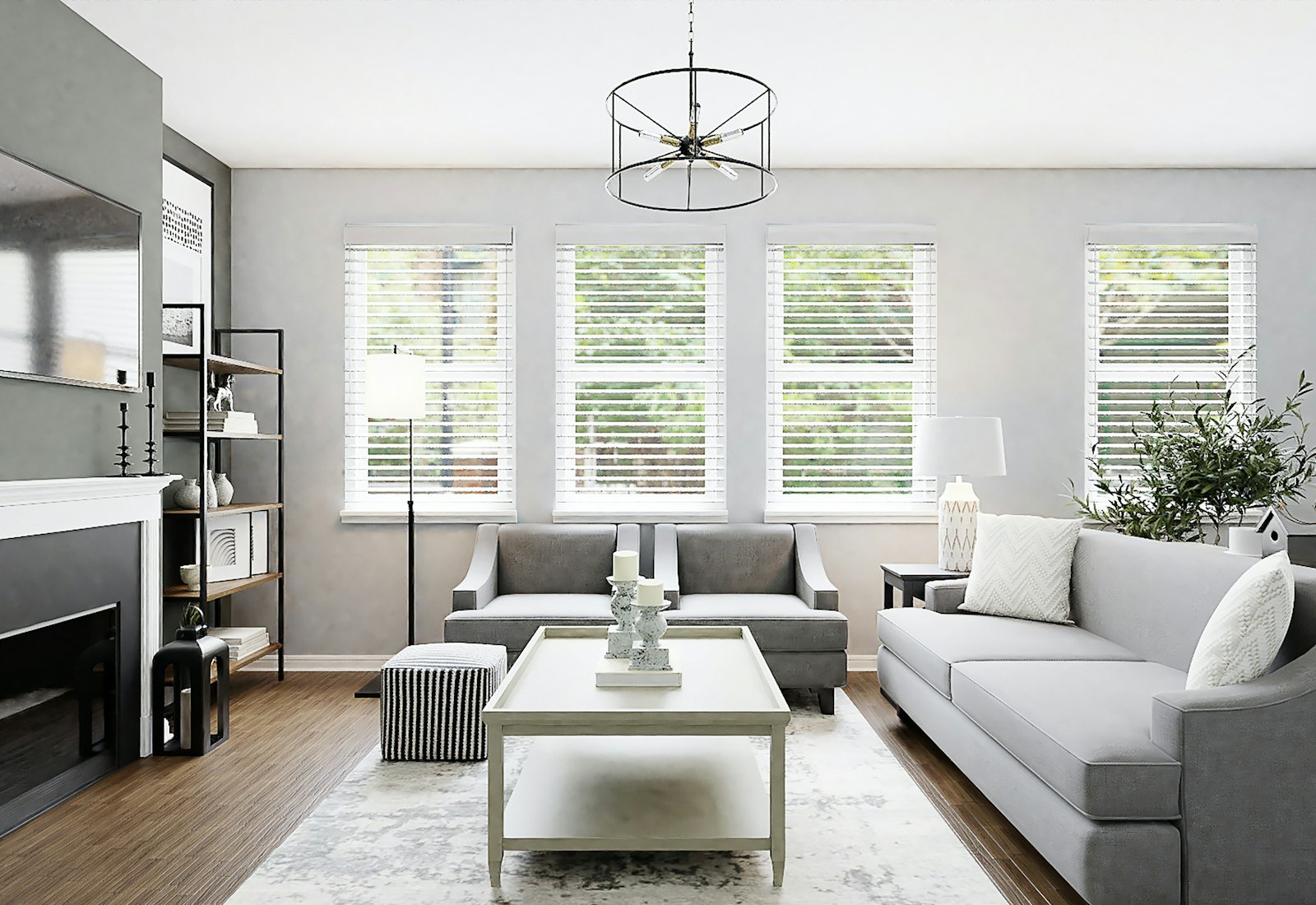 A living room wall with a television, open shelving and a fireplace.