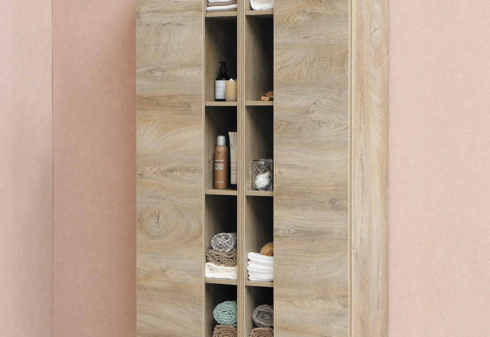 A tall timber storage unit with open shelves and sliding doors.