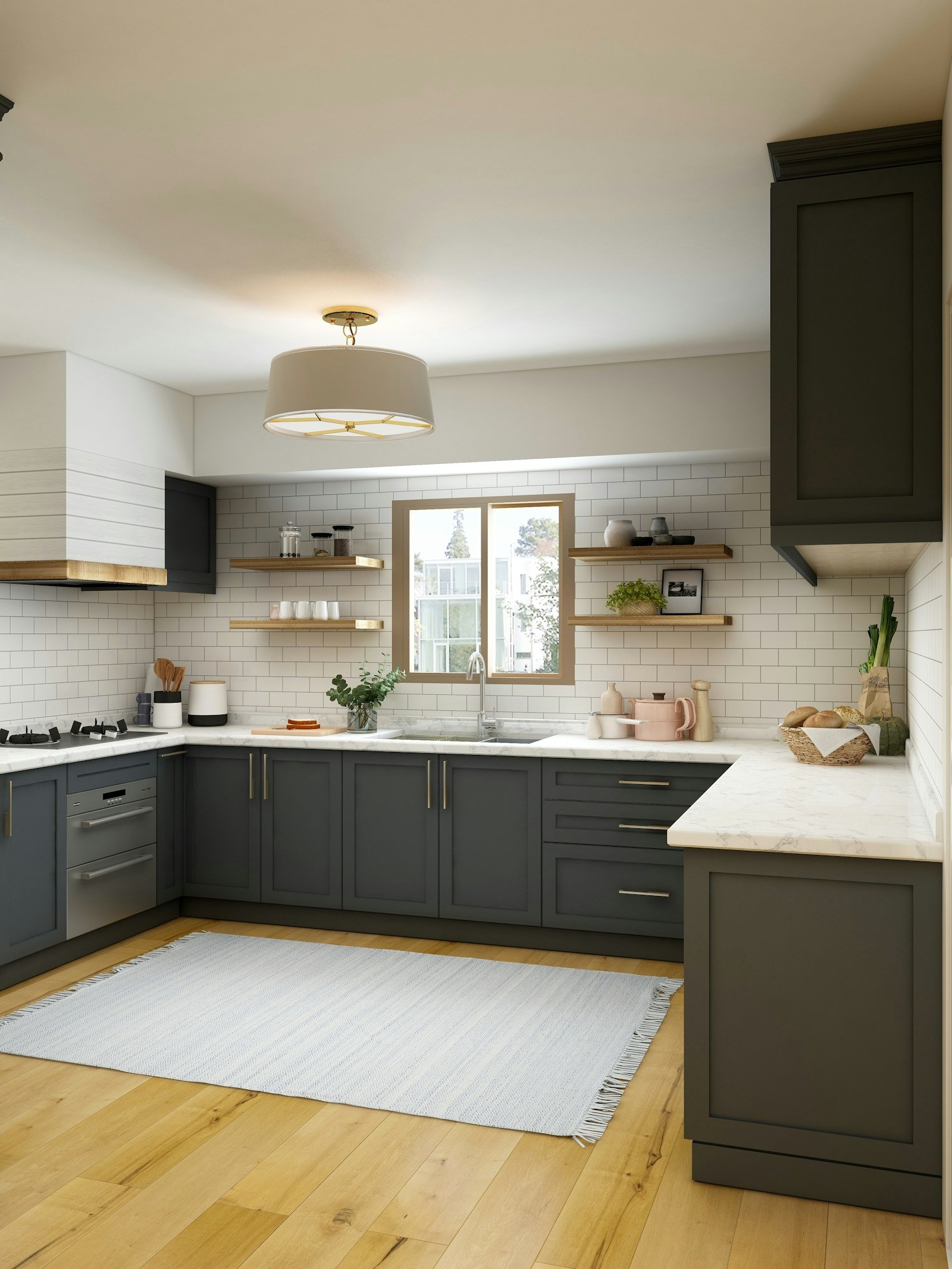 A painted shaker kitchen with marble worktops, brass handles and open timber shelves.